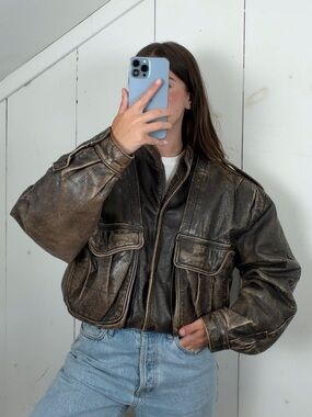 Vintage Chia Brown Leather‎ Bomber Jacket Men’s 46 L/XL Faded Patina Distressed